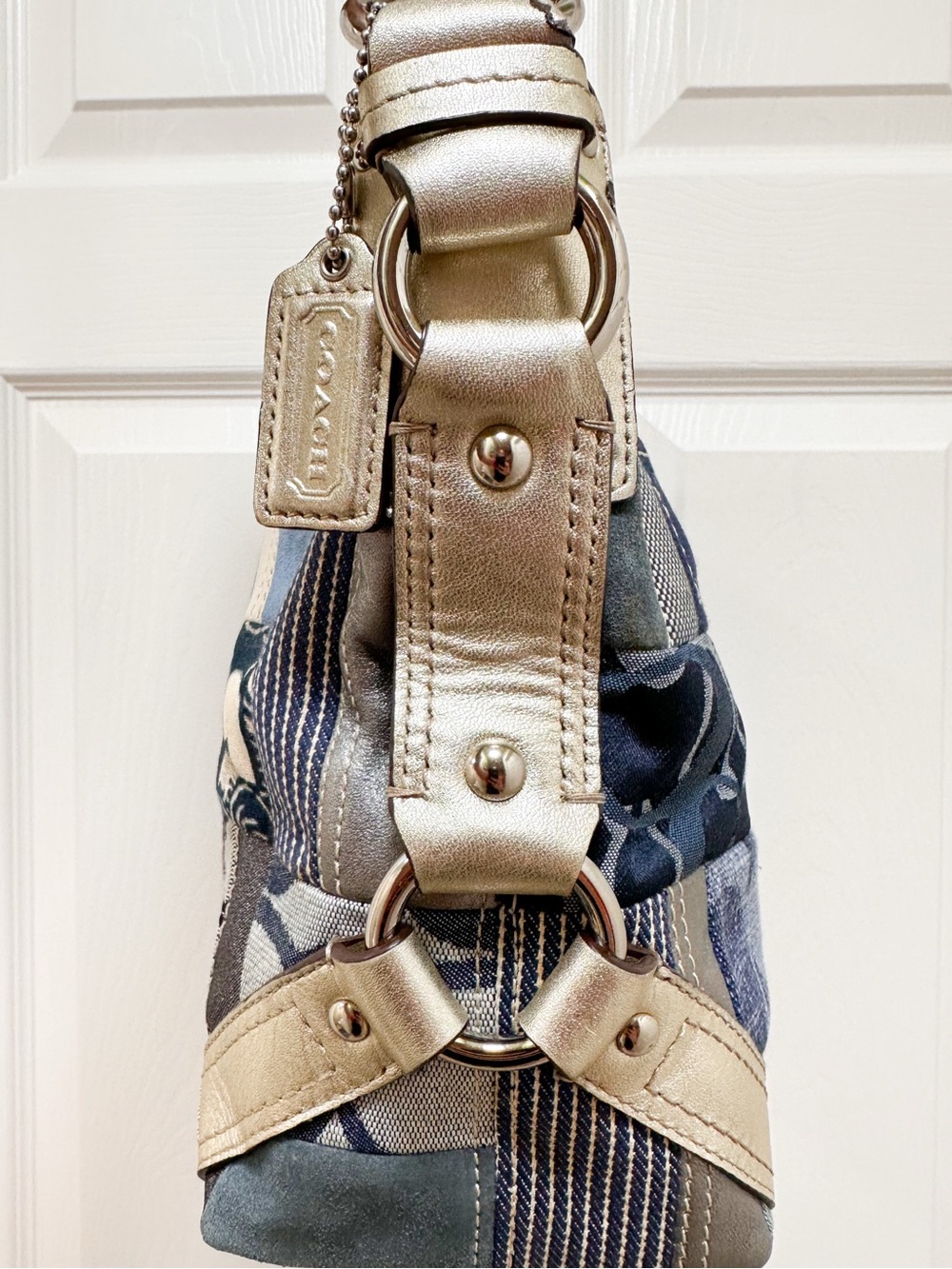 Coach Carly Small Denim Patchwork Hobo Shoulder Bag Blue Multi Vintage Y2K - Picture 8 of 17